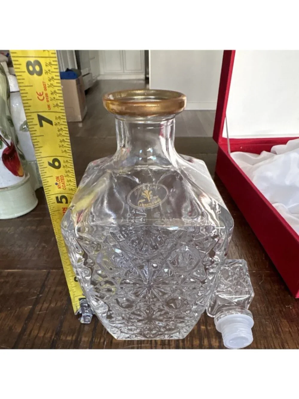 C.F. Design i Preziosi Crystal Decanter Set 6 Glasses Gold Rim Stopper Box-ITALY